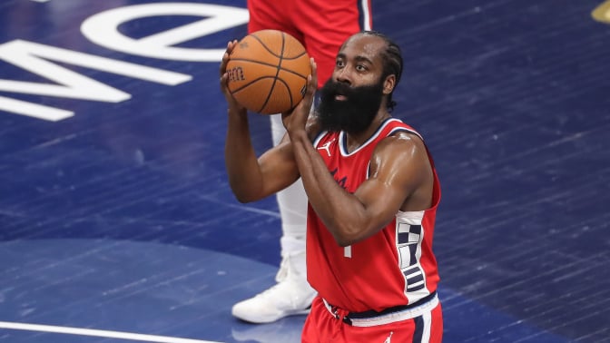 LA Clippers guard James Harden (1) shoots from the free throw line during the Portland Trail Blazers vs Los Angeles Clippers on December 03, 2024, at the Intuit Dome in Inglewood, California