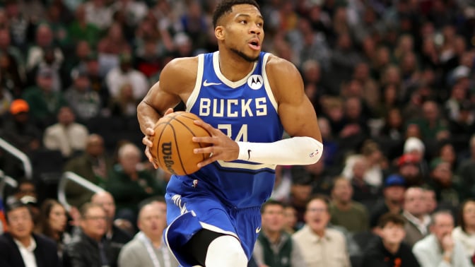 Giannis Antetokounmpo #34 of the Milwaukee Bucks handles the ball during a game against the Atlanta Hawks at Fiserv Forum on December 04, 2024 in Milwaukee, Wisconsin.