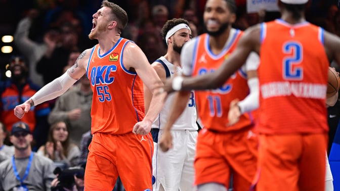 Isaiah Hartenstein #55 of the Oklahoma City Thunder reacts after a big play during the second half against the Dallas Mavericks at Paycom Center on December 10, 2024 in Oklahoma City, Oklahoma.