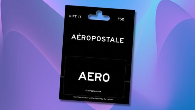 $50 aeropostale gift card angled on a light blue and purple wavy background