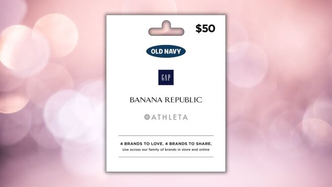 a $50 gap multibrand gift card on a pink circular background