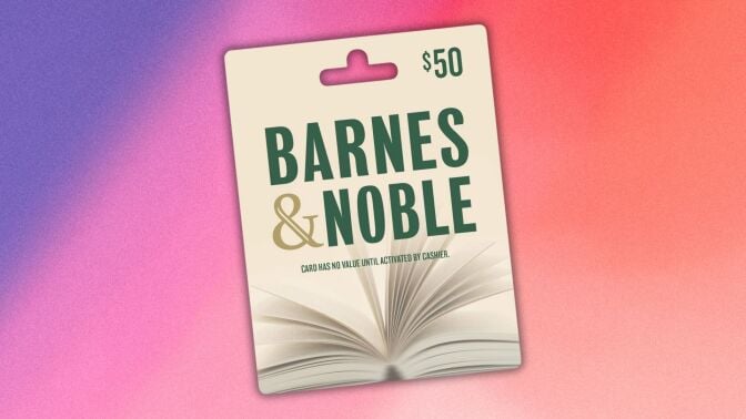 $50 barnes and noble gift card angled on a purple, pink, and orange gradient background