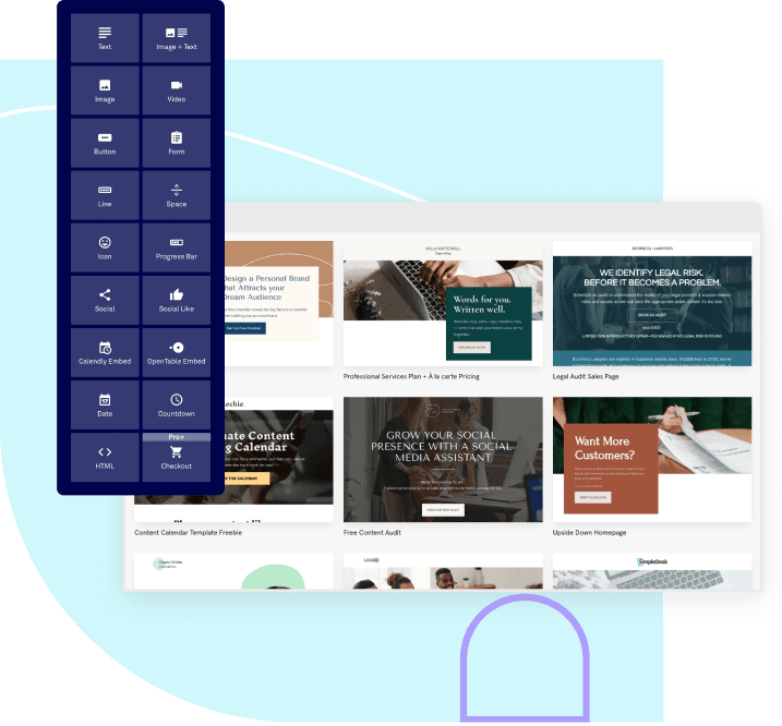 leadpages landing page template gallery with builder widget interface