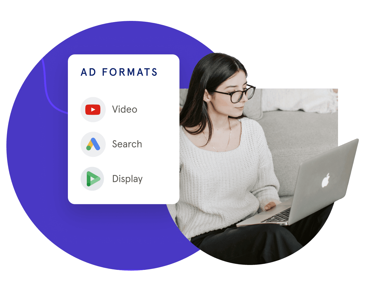 brunette woman with glasses on laptop with a list of google ad formats