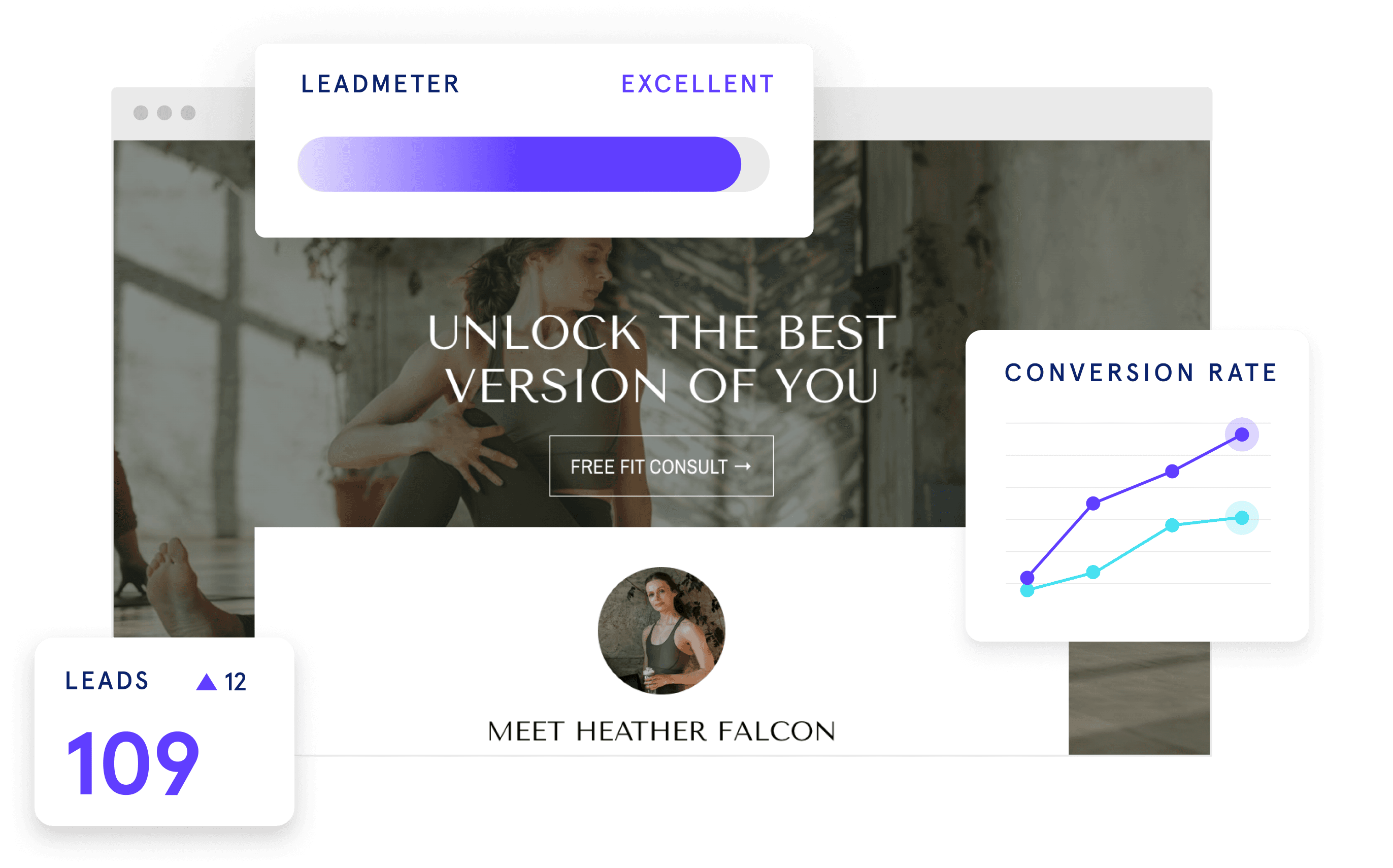 leadpages landing page with interface elements containing a lead growth count and an upward-trending conversion rate line graph