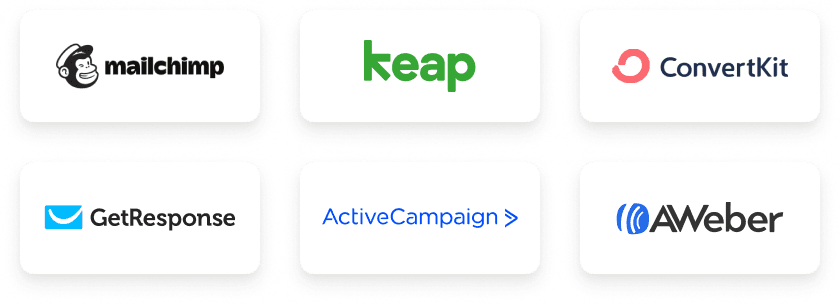 leadpages integrations logos: mailchimp, keap, convertkit, getresponse, activecampaign, aweber