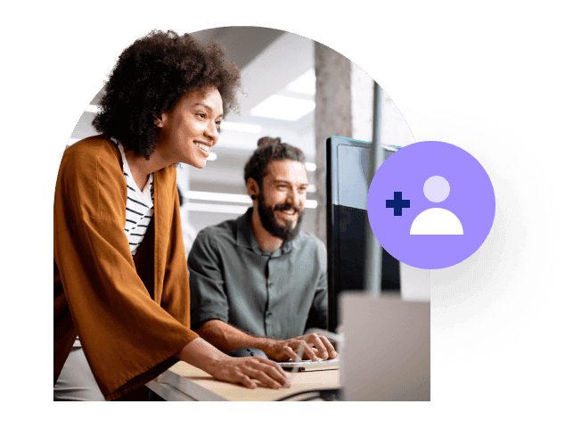 african american woman and brunette bearded man collaborating at a computer in an office. add user icon overlaid atop image