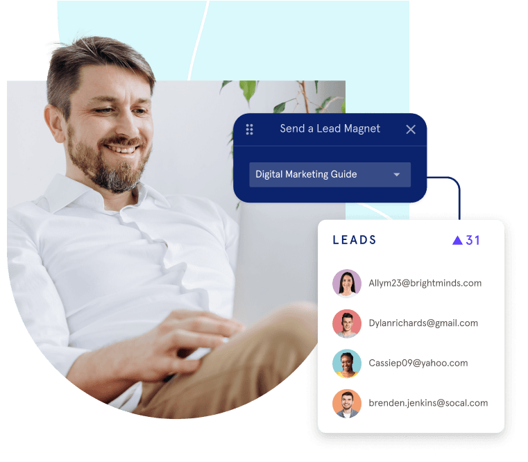 man smiling with a list of leads and email addresses and the follow-up lead magnet that will be sent to them