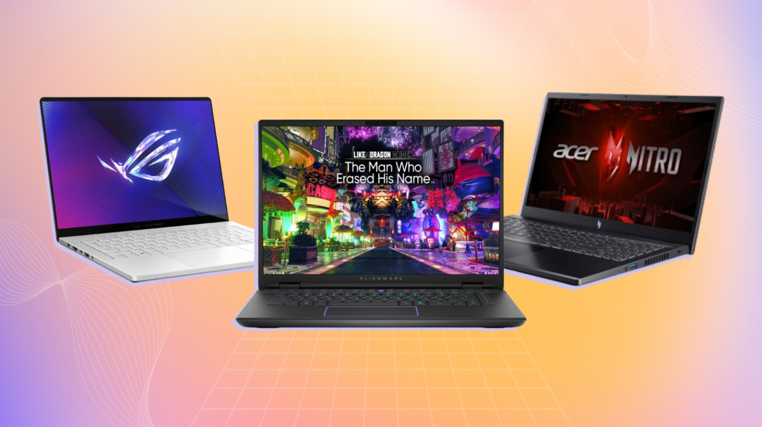 three gaming laptops against a pastel gradient background