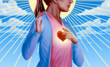 An illustration of a woman holding a hand to a radiant heart on her chest, reminicent of Catholic images of the Virgin Mary.