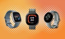 Fitbit Versa 4, Ace LTE, and Google Pixel watch 2 with orange background with white polka dots