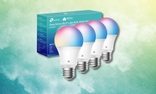 kasa smart light bulbs against a colorful background 