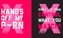 left: text hands off my p-rn in white text in front of pink text on red background. right: text don't let them control what you watch on white and red text in front of pink x in front of black background