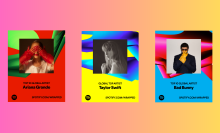 Spotify Wrapped graphics for Ariana Grande, Taylor Swift, and Bad Bunny 