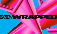 The Spotify Wrapped logo on a blue and pink background. 