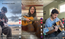 Screenshots of TikToks of three people playing acoustic guitars, covering a Mom Jeans song