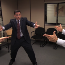 Three men (Rainn Wilson as Dwight, Steve Carell as Michael, and Ed Helms as Andy on "The Office") pointing finger guns at each other