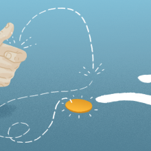 An illustration of a hand flipping a coin. The coin is landing on the ground and forming the dot under a large, white question mark.