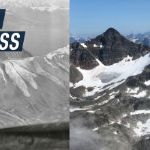 A split-screen shows an aerial photograph of a Greenland glacier in the 1930's, next to one from 2023, making the loss of ice in the region particularly visible. Caption reads "Rapid ice loss"