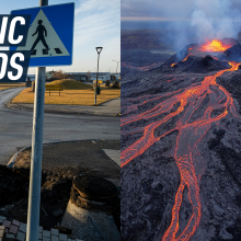 A split screen shows a hole caused by an earthquake is Grindavík, Iceland on the left. On the right, there's a picture of a recently erupted Icelandic volcano, with lava and smoke coming out of the crater. 