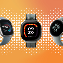 Fitbit Versa 4, Ace LTE, and Google Pixel watch 2 with orange background with white polka dots