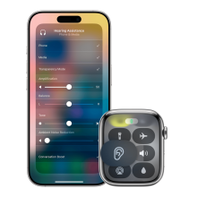 An iPhone showing Hearing Assistance setting controls under the Control Center, next to the face of an Apple Watch highlighting the ear-shaped Hearing Assistance button.