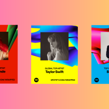 Spotify Wrapped graphics for Ariana Grande, Taylor Swift, and Bad Bunny 