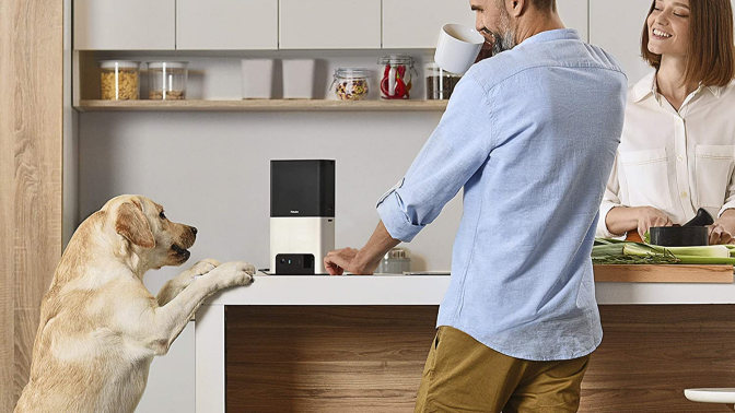 man standing beside dog and treat tossing camera