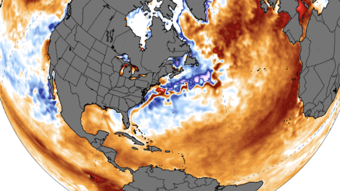 A globe showing anomalously warm temperatures in the Pacific and Atlantic oceans in mid-June 2023.