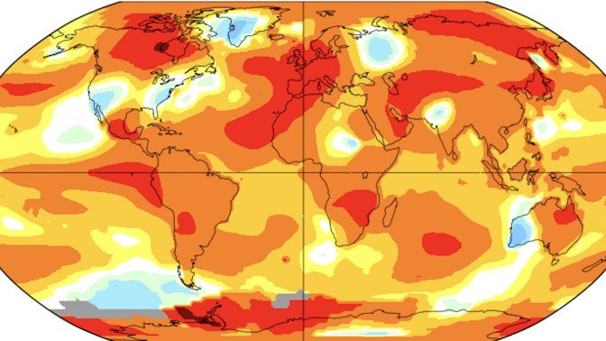 June 2023 was the hottest June in recorded history. The yellows, oranges, and reds show above average temperature anomalies.