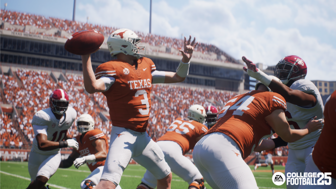 quaterback Quinn Ewers in burnt orange texas jersey throwing a football