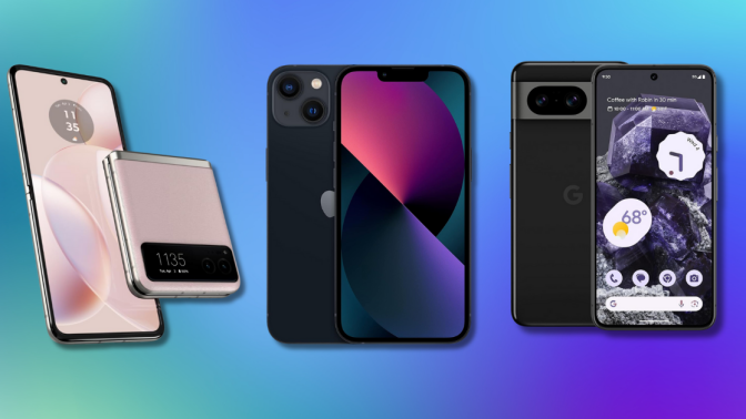 three smart phones against a colorful background 