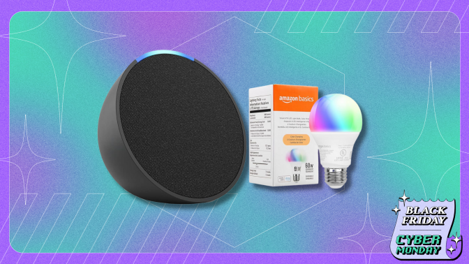 An image showcasing a Black Friday/Cyber Monday deal featuring a charcoal-colored Amazon Echo Pop smart speaker and a box of Amazon Basics smart bulbs against a colorful teal and purple background.