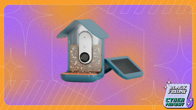 solar-powered camera bird feeder on orange and purple background