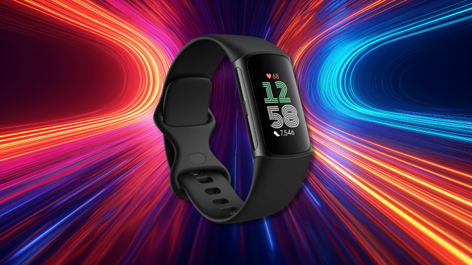 A black Fitbit Charge 6 fitness tracker with a rectangular screen displaying the time (12:58), heart rate (68 bpm), and step count (7,546). The band has a textured finish and a simple buckle closure. It's shown against a vibrant, abstract background of swirling red, blue, and yellow lights.