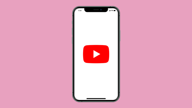 A phone screen with a YouTube logo on a pink background. 