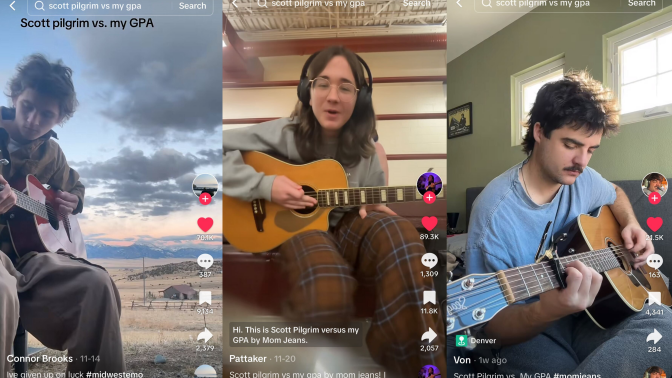 Screenshots of TikToks of three people playing acoustic guitars, covering a Mom Jeans song