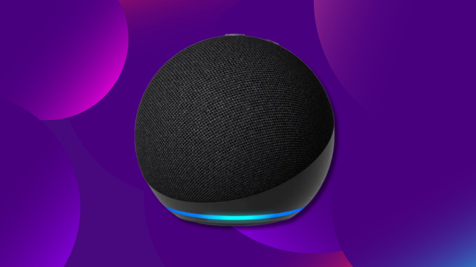 A black Amazon Echo Dot (5th generation) with a blue light ring at its base, set against a vibrant purple background.