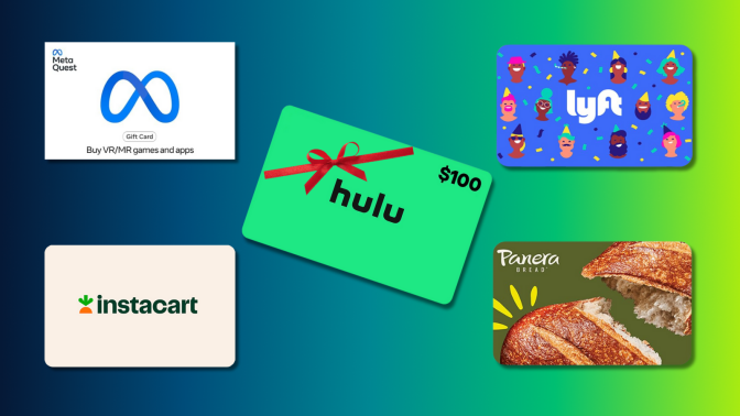 Hulu, Instacart, Lyft, Meta Quest, Panera Bread gift card with a green and blue background