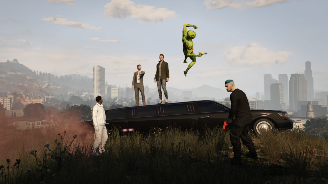 A group of video game characters from "Grand Theft Auto" stand together by a car